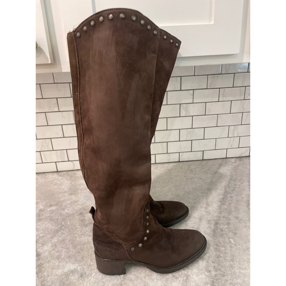 Vera Wang Boots Women's 5.5 Brown Suede Studded Knee High Block Heel Lug Sole